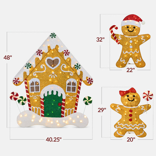 3pc Gingerbread Man Family House 4ft Pre-lit Christmas Yard Decor for indoor and outdoor holiday displays