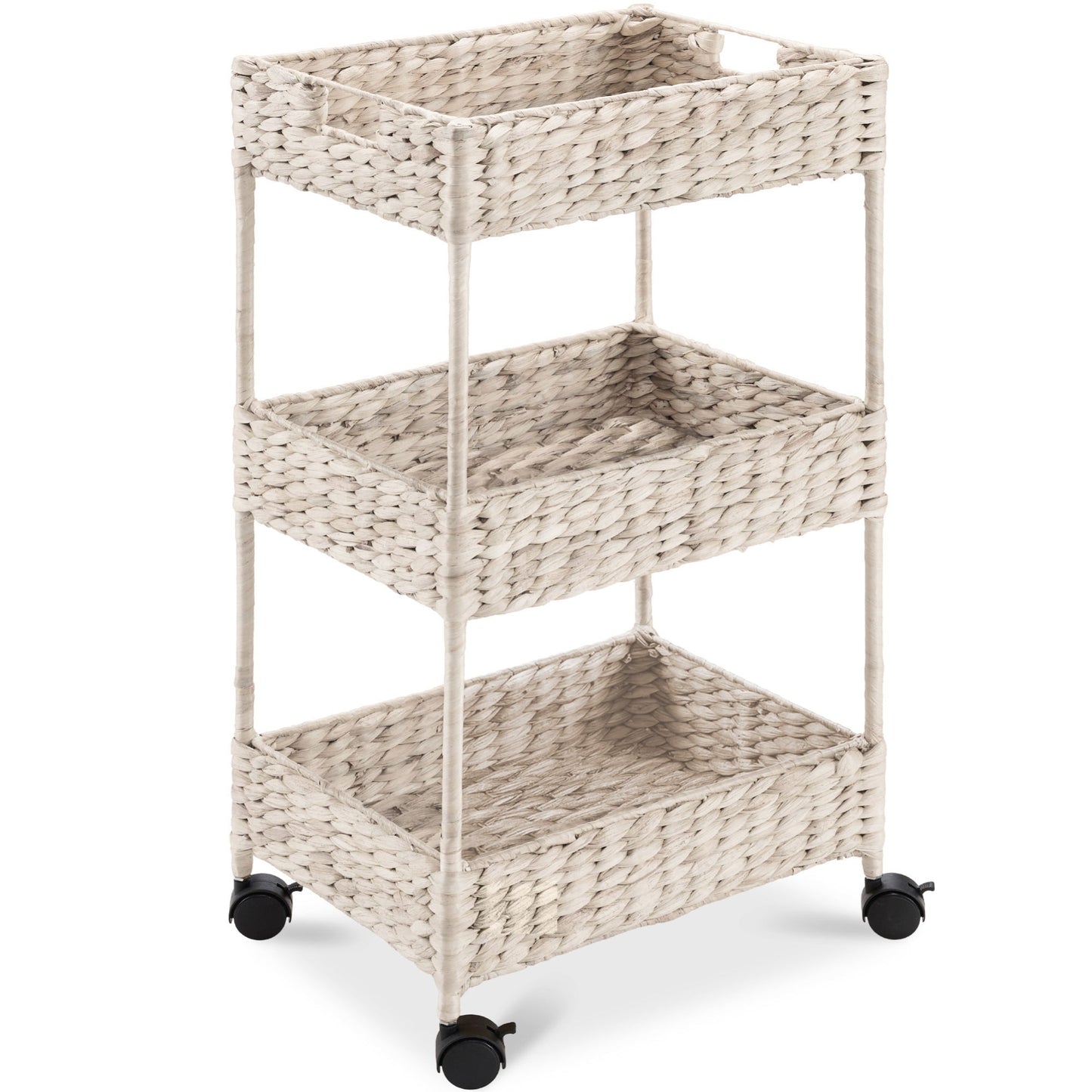 3-Tier Water Hyacinth Rolling Utility Cart with Weaved Baskets for home, family, and everyday needs