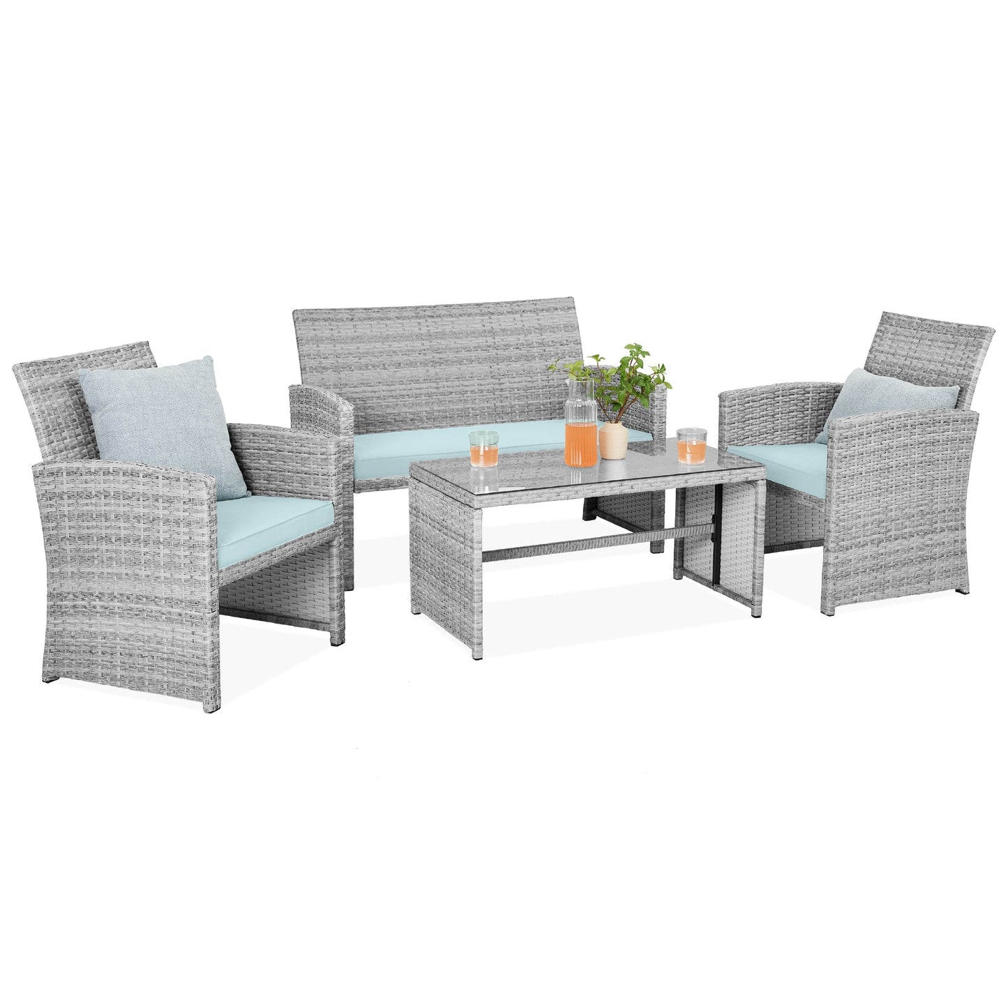4-Piece Outdoor Wicker Conversation Patio Set with 4 Seats Glass Table Top for outdoor comfort and convenience
