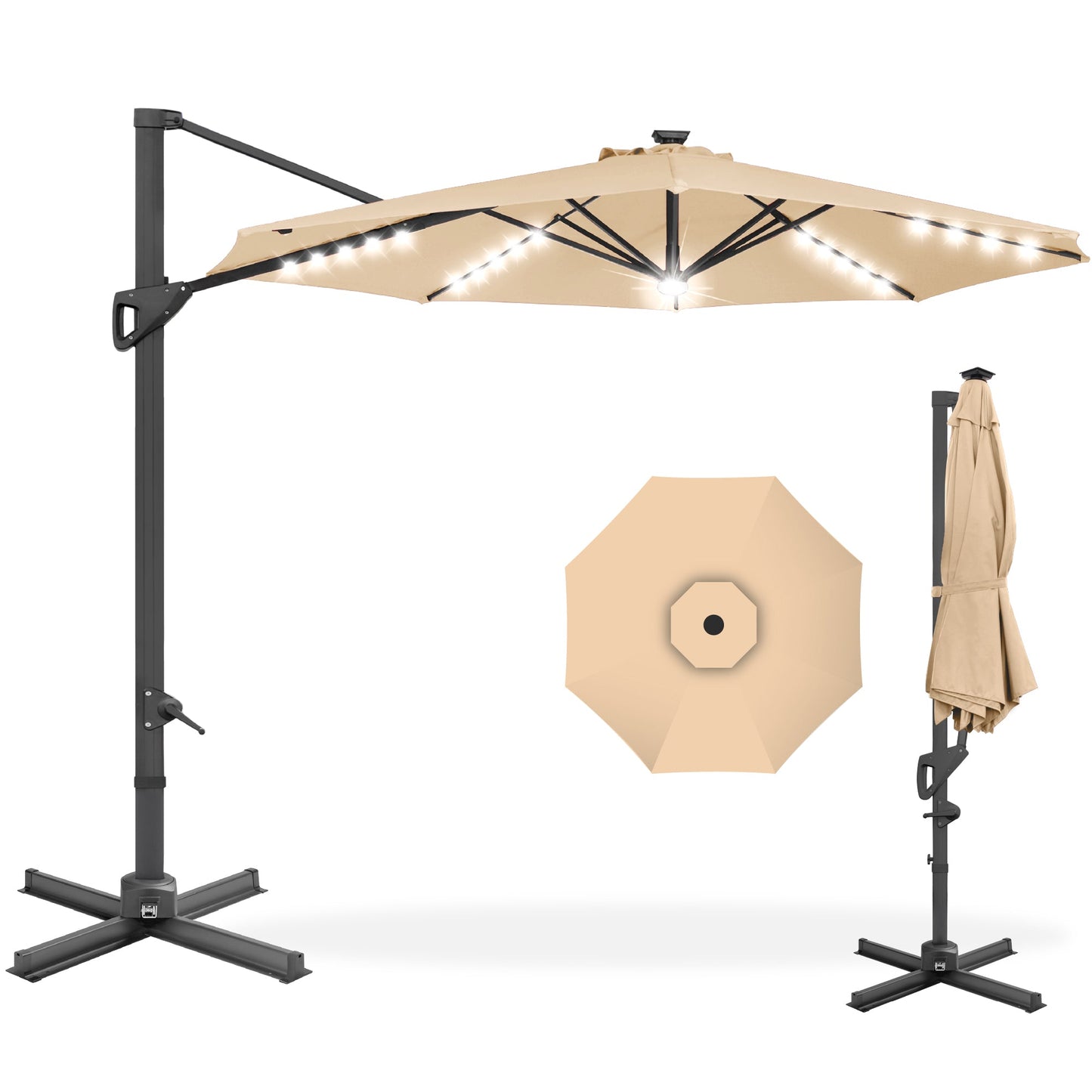 360-Degree Solar LED Cantilever Offset Patio Umbrella with Tilt - 10ft for outdoor comfort and convenience
