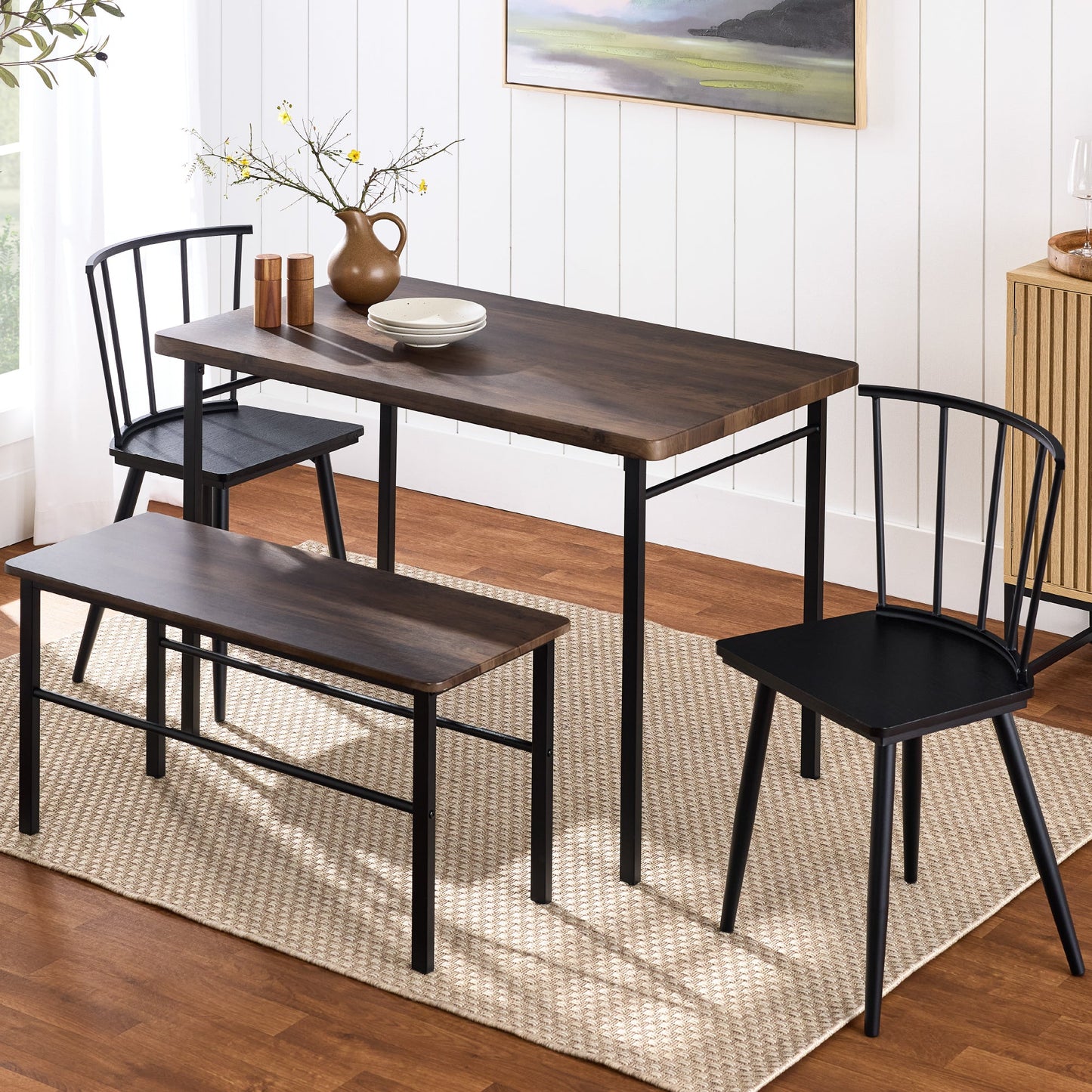 4-Piece Farmhouse Dining Table Set with 2 Black Spindle Chairs Bench Table for comfortable home living