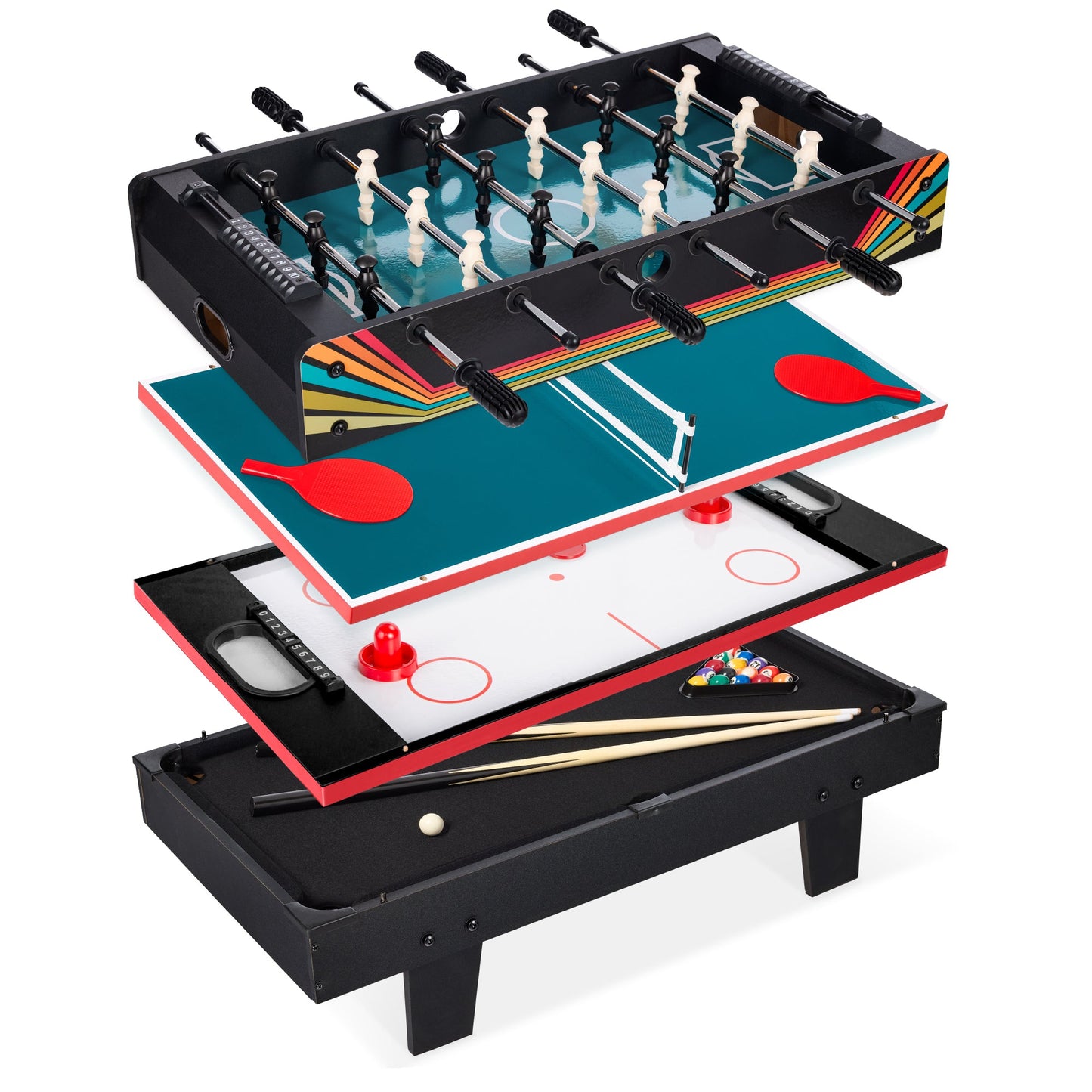 4-in-1 Multi Game Table Set with Air Hockey Table Tennis Billiards Foosball designed for kids' playtime and gifts