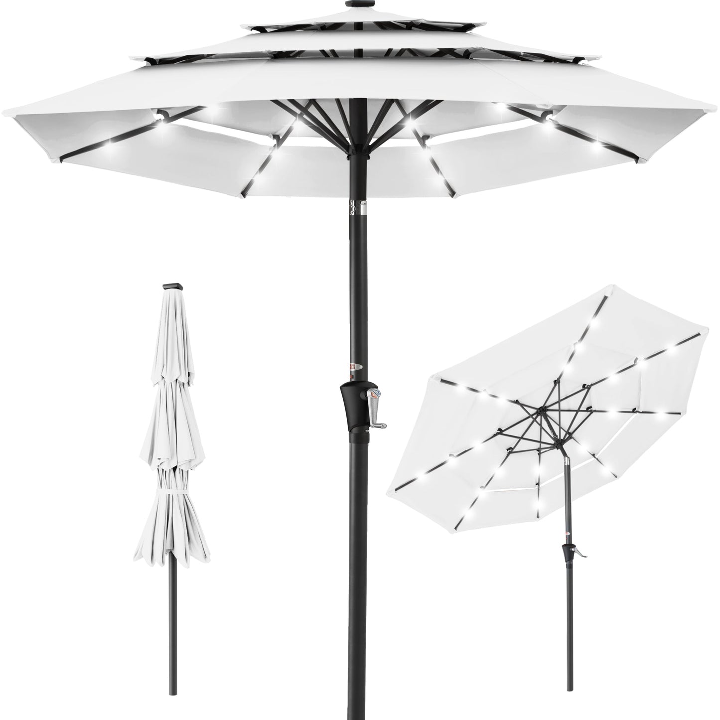 3-Tier Solar Patio Umbrella with LED Lights Tilt Adjustment Crank - 10ft for outdoor comfort and convenience
