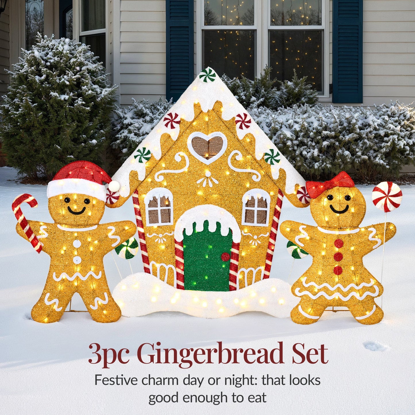 3pc Gingerbread Man Family House 4ft Pre-lit Christmas Yard Decor for indoor and outdoor holiday displays