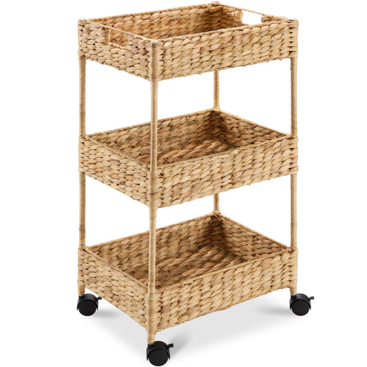 3-Tier Water Hyacinth Rolling Utility Cart with Weaved Baskets for home, family, and everyday needs