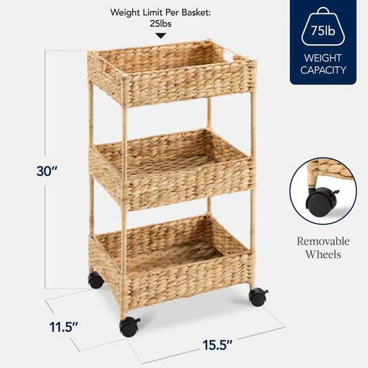 3-Tier Water Hyacinth Rolling Utility Cart with Weaved Baskets for home, family, and everyday needs