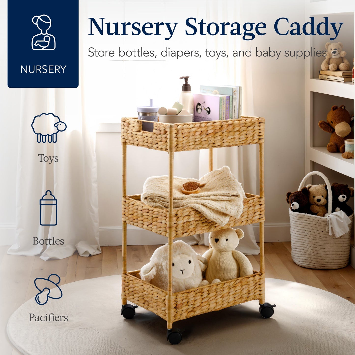 3-Tier Water Hyacinth Rolling Utility Cart with Weaved Baskets for home, family, and everyday needs