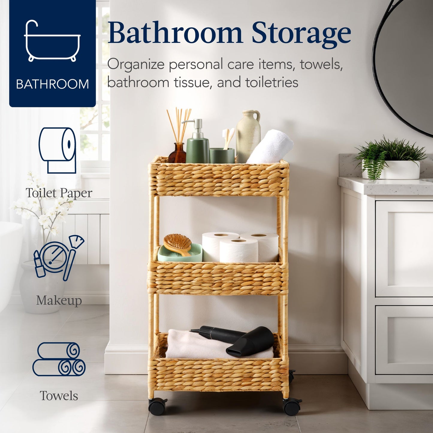 3-Tier Water Hyacinth Rolling Utility Cart with Weaved Baskets for home, family, and everyday needs