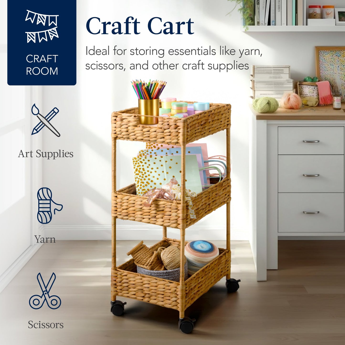 3-Tier Water Hyacinth Rolling Utility Cart with Weaved Baskets for home, family, and everyday needs