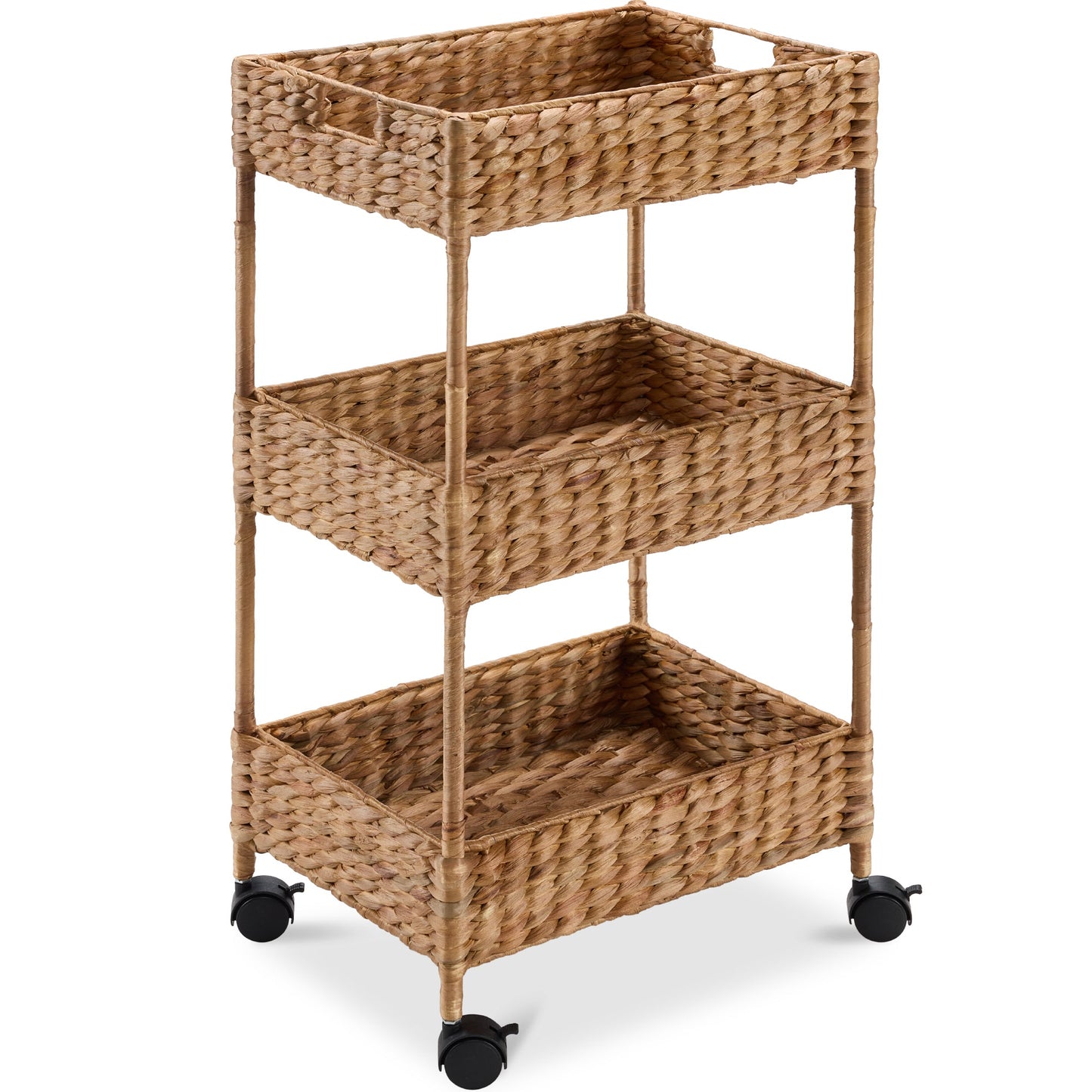 3-Tier Water Hyacinth Rolling Utility Cart with Weaved Baskets for home, family, and everyday needs