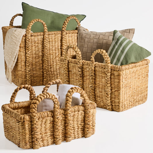 3Pc Shelf Baskets Small Large and XL Chunky Woven Baskets with Braided Handles for convenient daily use