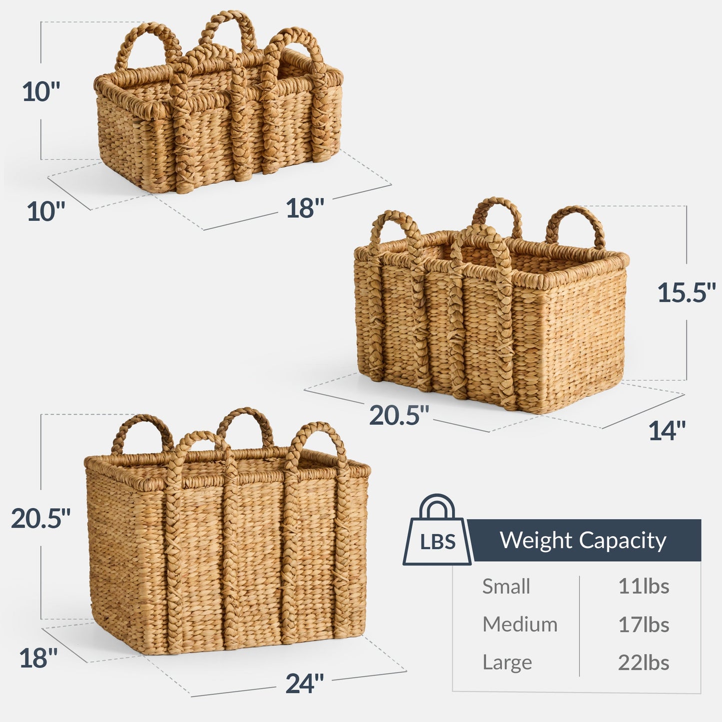 3Pc Shelf Baskets Small Large and XL Chunky Woven Baskets with Braided Handles for convenient daily use