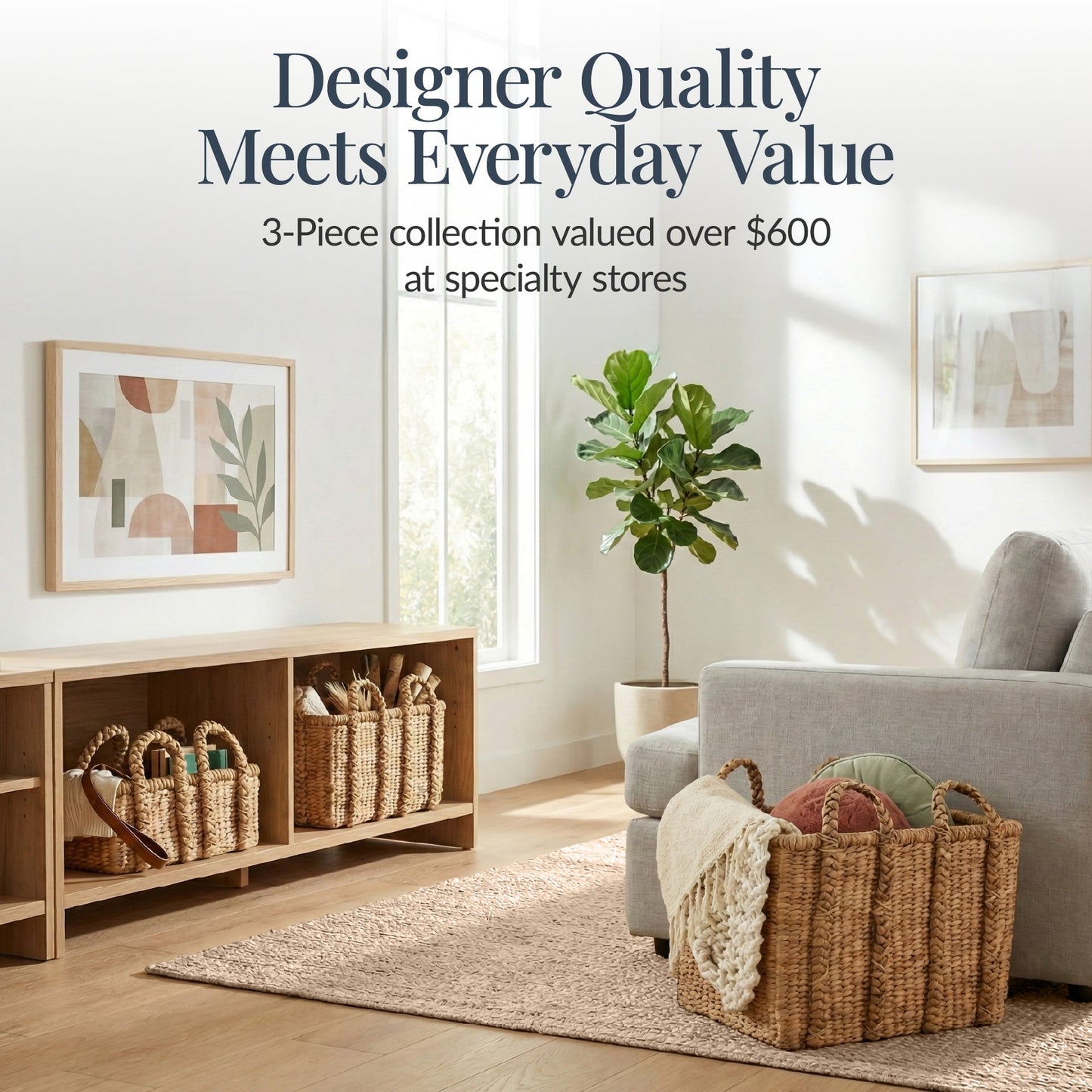 3Pc Shelf Baskets Small Large and XL Chunky Woven Baskets with Braided Handles for convenient daily use