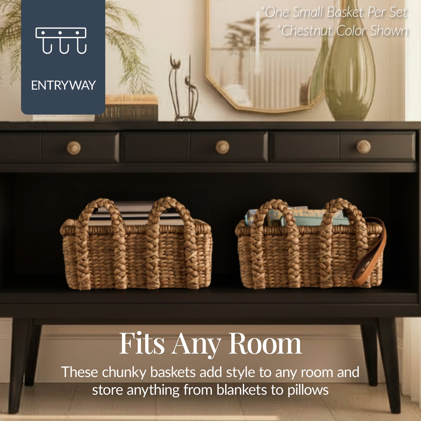 3Pc Shelf Baskets Small Large and XL Chunky Woven Baskets with Braided Handles for convenient daily use
