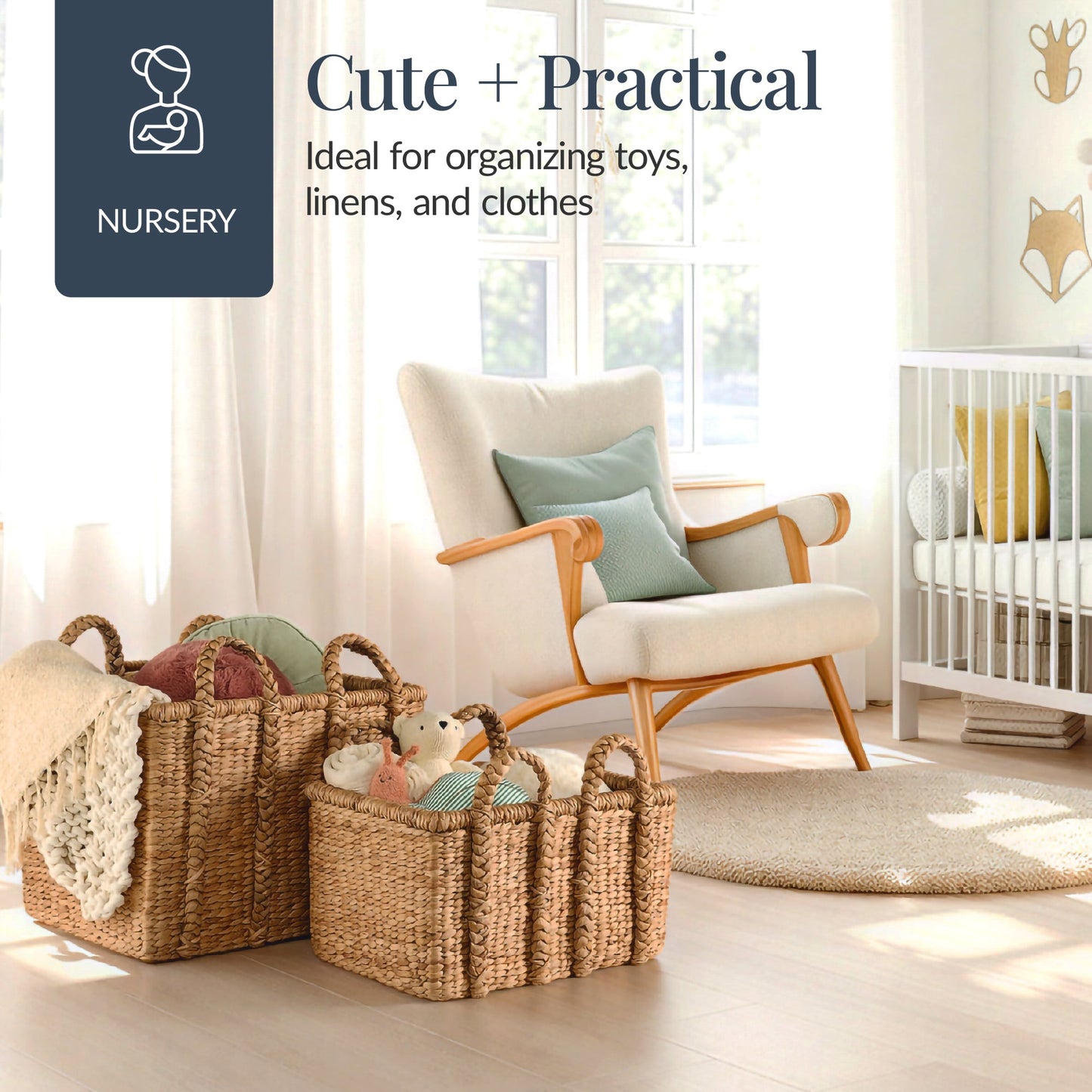 3Pc Shelf Baskets Small Large and XL Chunky Woven Baskets with Braided Handles for convenient daily use