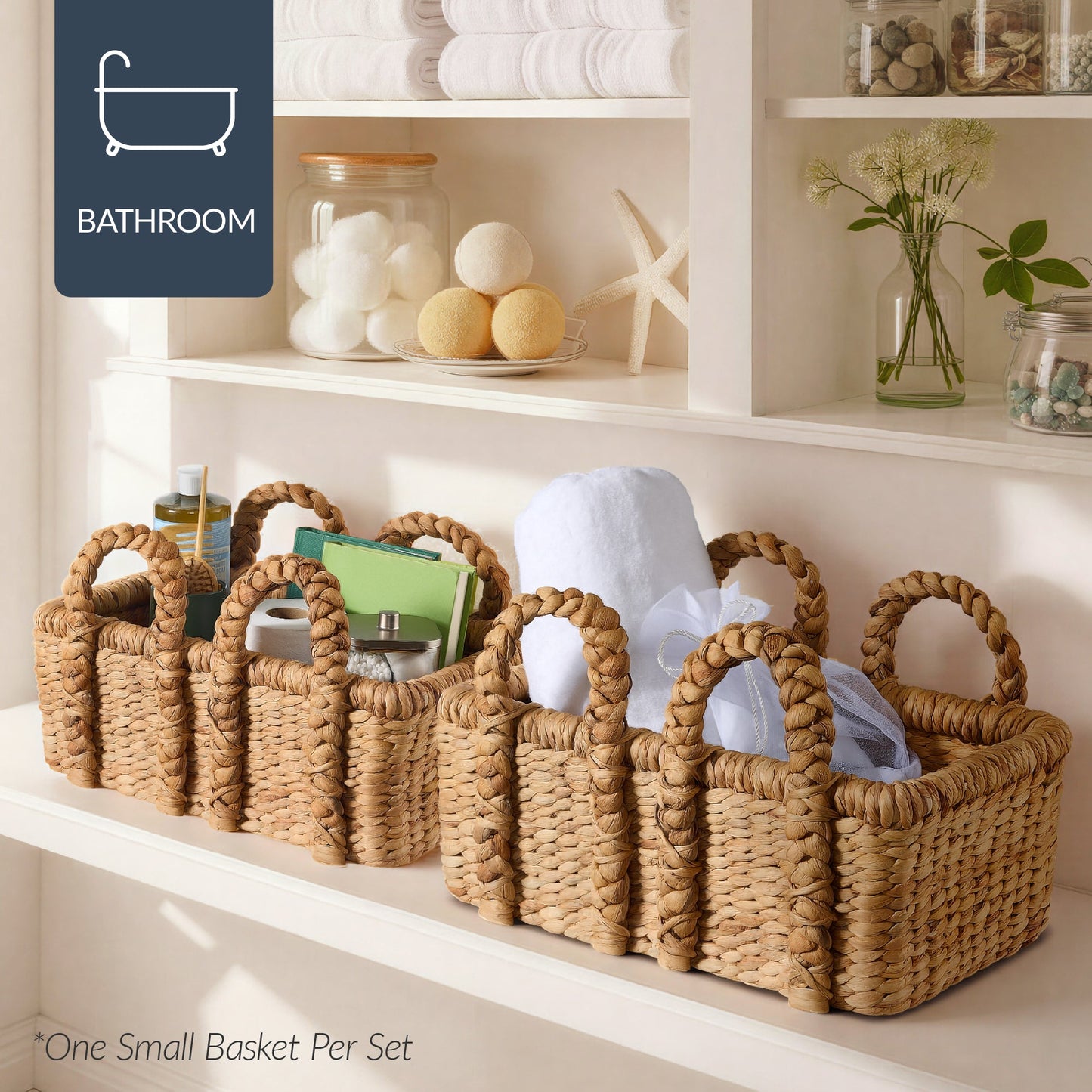 3Pc Shelf Baskets Small Large and XL Chunky Woven Baskets with Braided Handles for convenient daily use