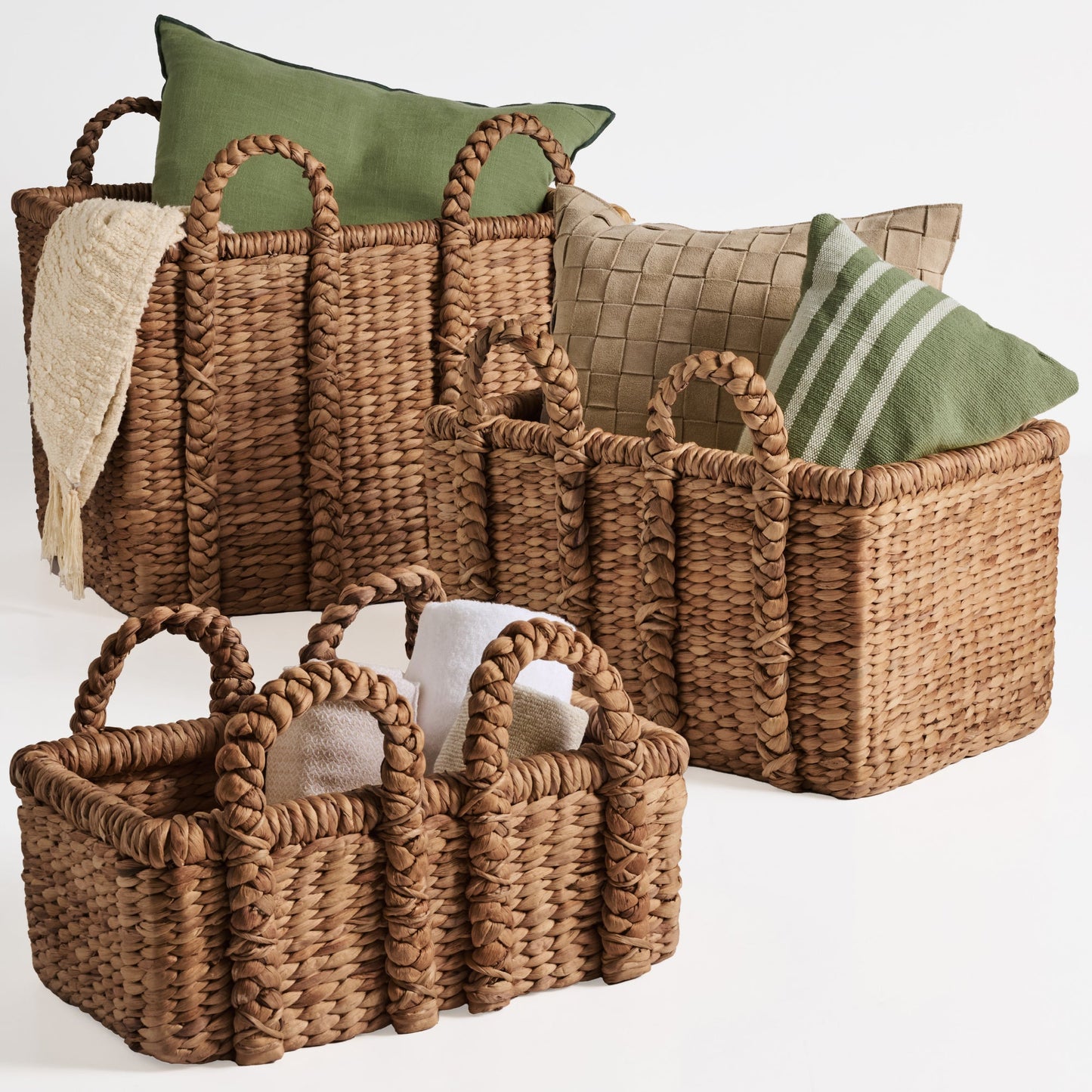 3Pc Shelf Baskets Small Large and XL Chunky Woven Baskets with Braided Handles for convenient daily use