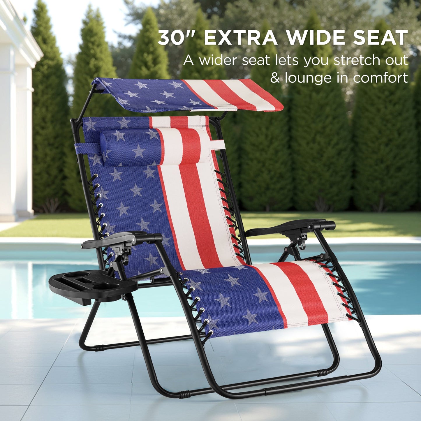 30\" Wide Folding Zero Gravity Patio Lounge Chair with Adjustable Canopy Shade for outdoor comfort and convenience