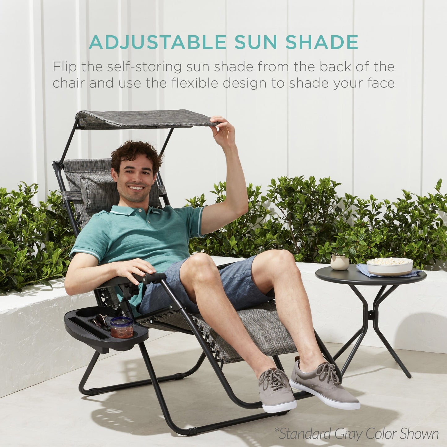 30\" Wide Folding Zero Gravity Patio Lounge Chair with Adjustable Canopy Shade for outdoor comfort and convenience