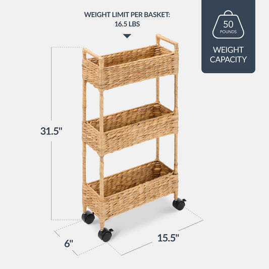 3-Tier Slim Rolling Nursery Caddy with Wheels Handwoven Utility Cart with dependable design for comfortable, organized home spaces