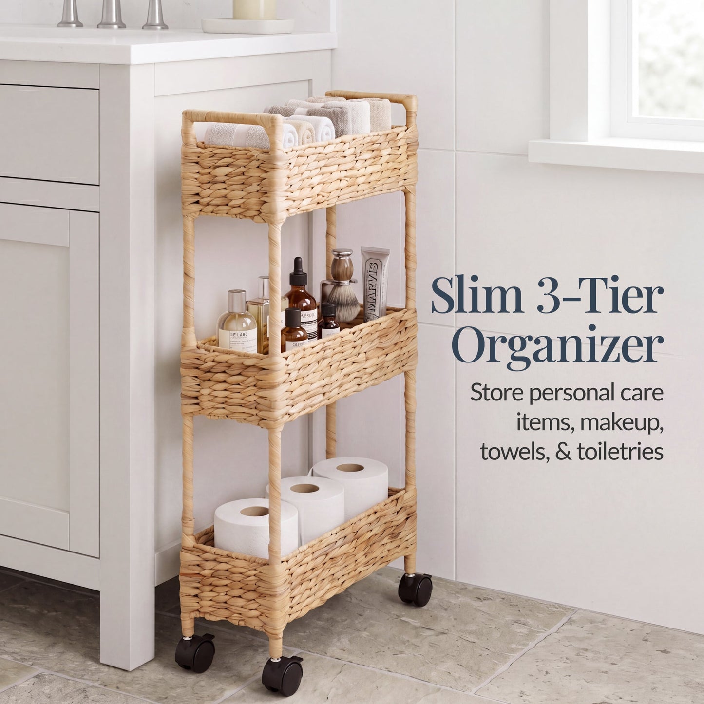 3-Tier Slim Rolling Nursery Caddy with Wheels Handwoven Utility Cart with dependable design for comfortable, organized home spaces