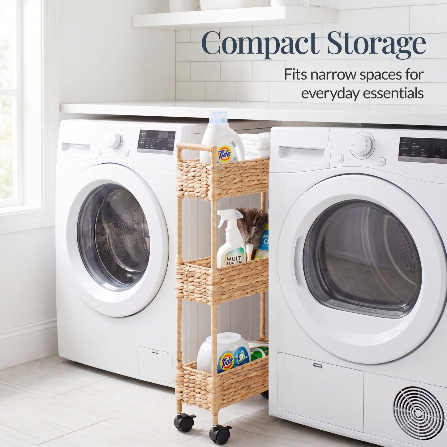 3-Tier Slim Rolling Nursery Caddy with Wheels Handwoven Utility Cart with dependable design for comfortable, organized home spaces