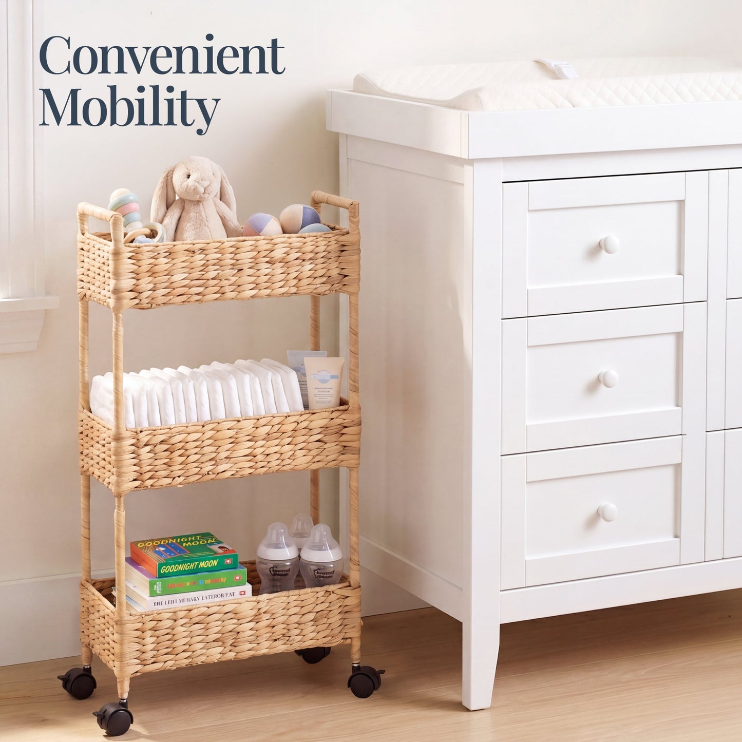 3-Tier Slim Rolling Nursery Caddy with Wheels Handwoven Utility Cart with dependable design for comfortable, organized home spaces