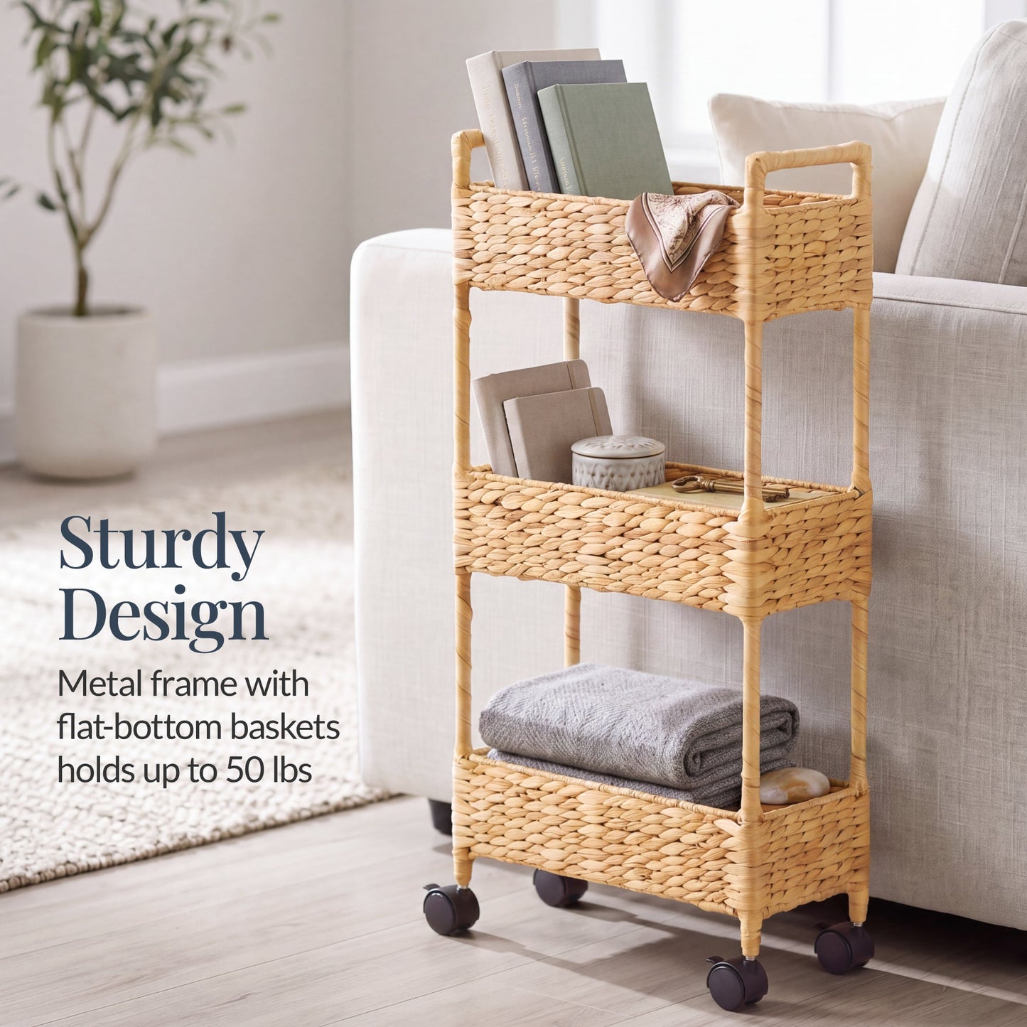 3-Tier Slim Rolling Nursery Caddy with Wheels Handwoven Utility Cart with dependable design for comfortable, organized home spaces