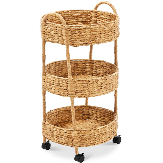 3-Tier Round Rolling Nursery Caddy with Wheels Handwoven Utility Cart with dependable design for comfortable, organized home spaces