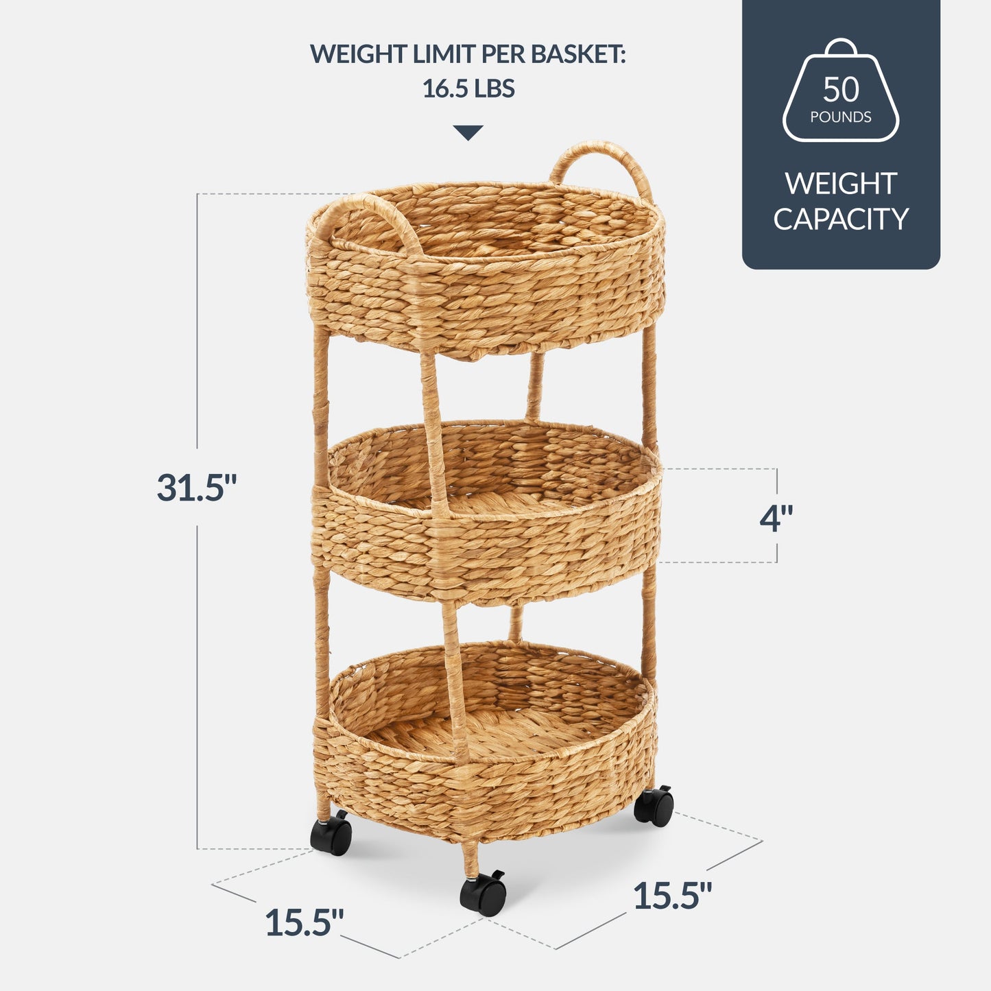 3-Tier Round Rolling Nursery Caddy with Wheels Handwoven Utility Cart with dependable design for comfortable, organized home spaces