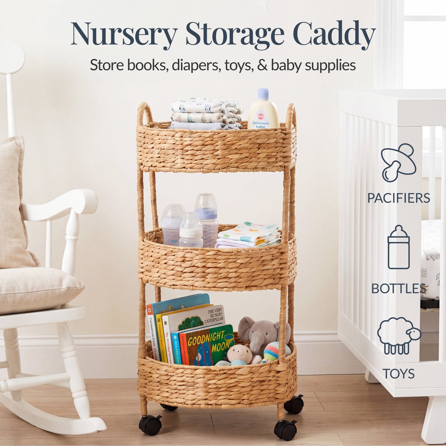 3-Tier Round Rolling Nursery Caddy with Wheels Handwoven Utility Cart with dependable design for comfortable, organized home spaces