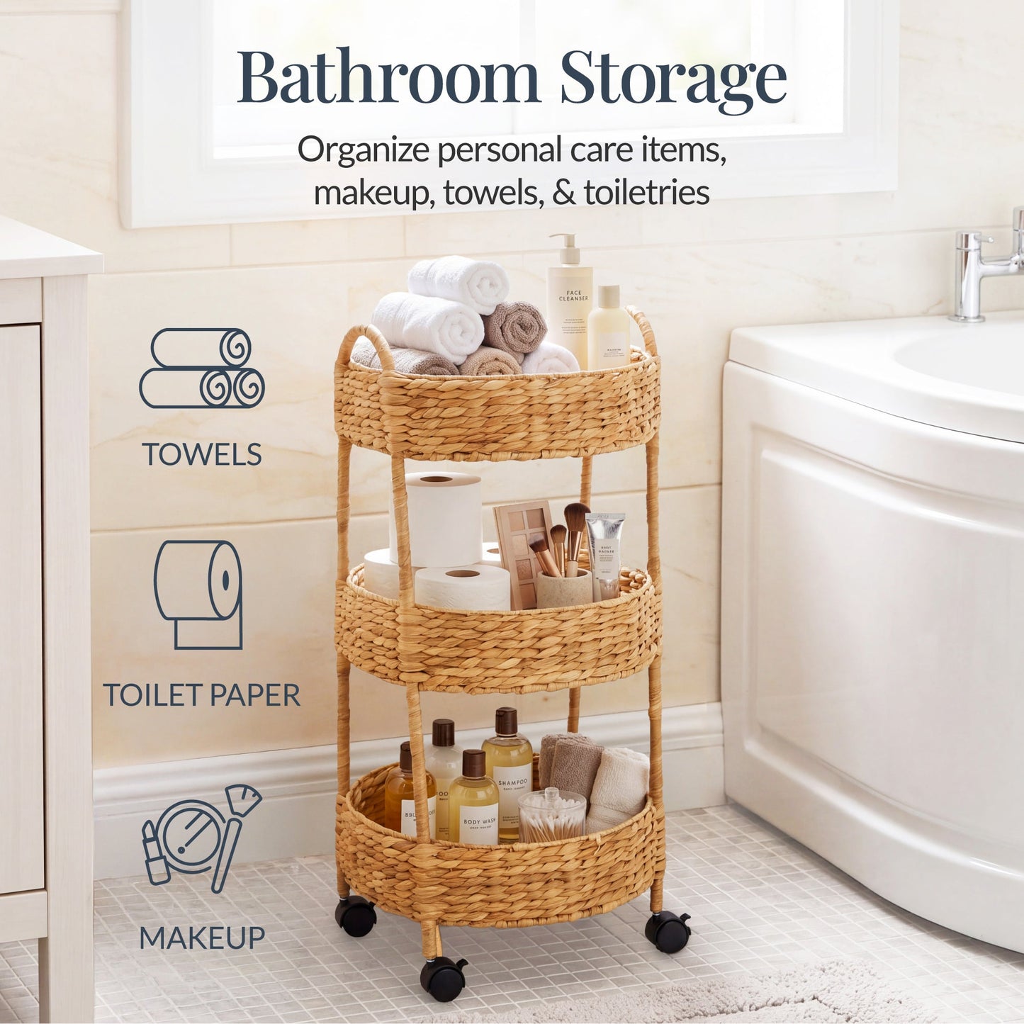 3-Tier Round Rolling Nursery Caddy with Wheels Handwoven Utility Cart with dependable design for comfortable, organized home spaces