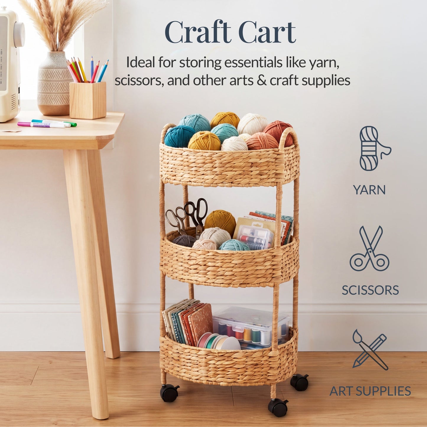 3-Tier Round Rolling Nursery Caddy with Wheels Handwoven Utility Cart with dependable design for comfortable, organized home spaces