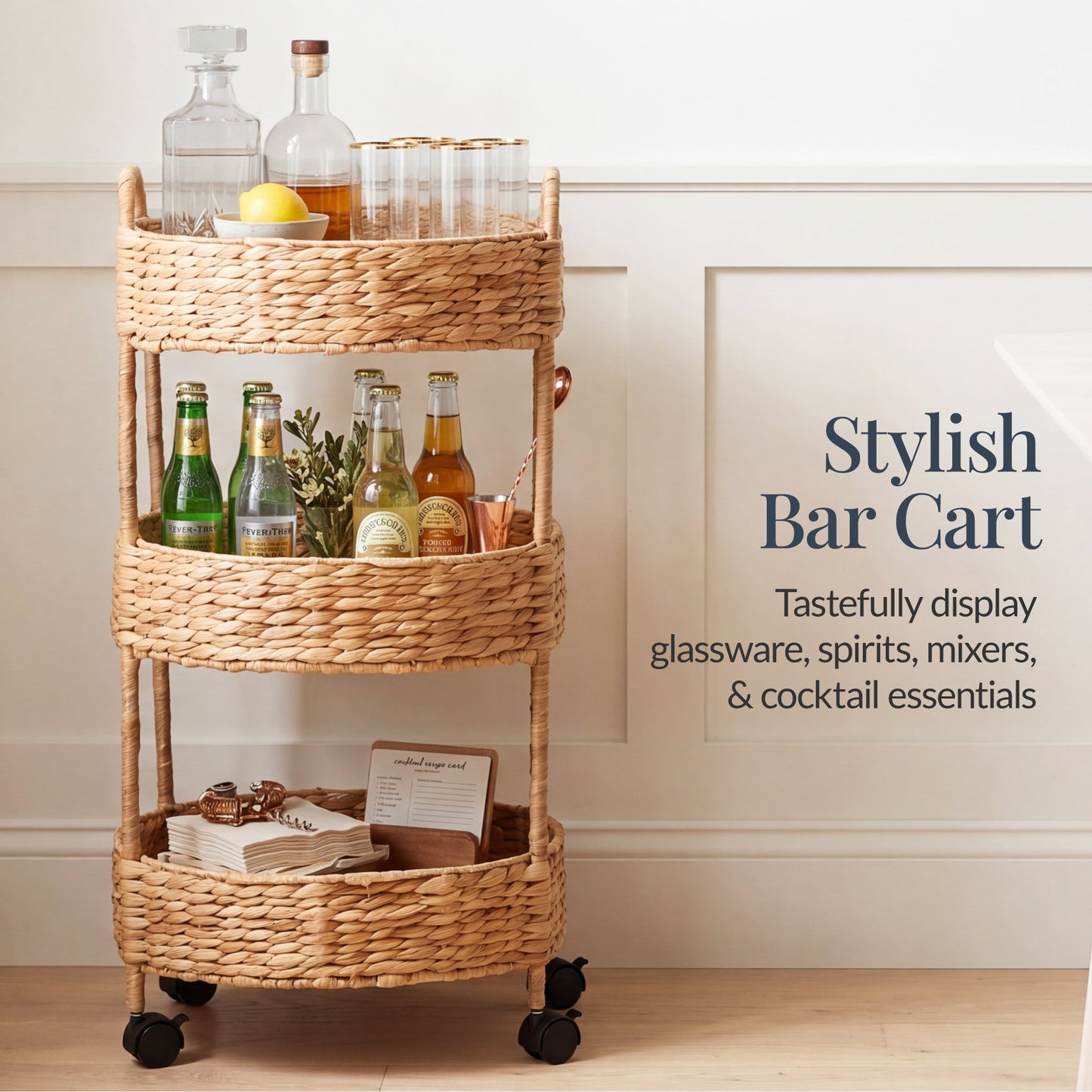 3-Tier Round Rolling Nursery Caddy with Wheels Handwoven Utility Cart with dependable design for comfortable, organized home spaces