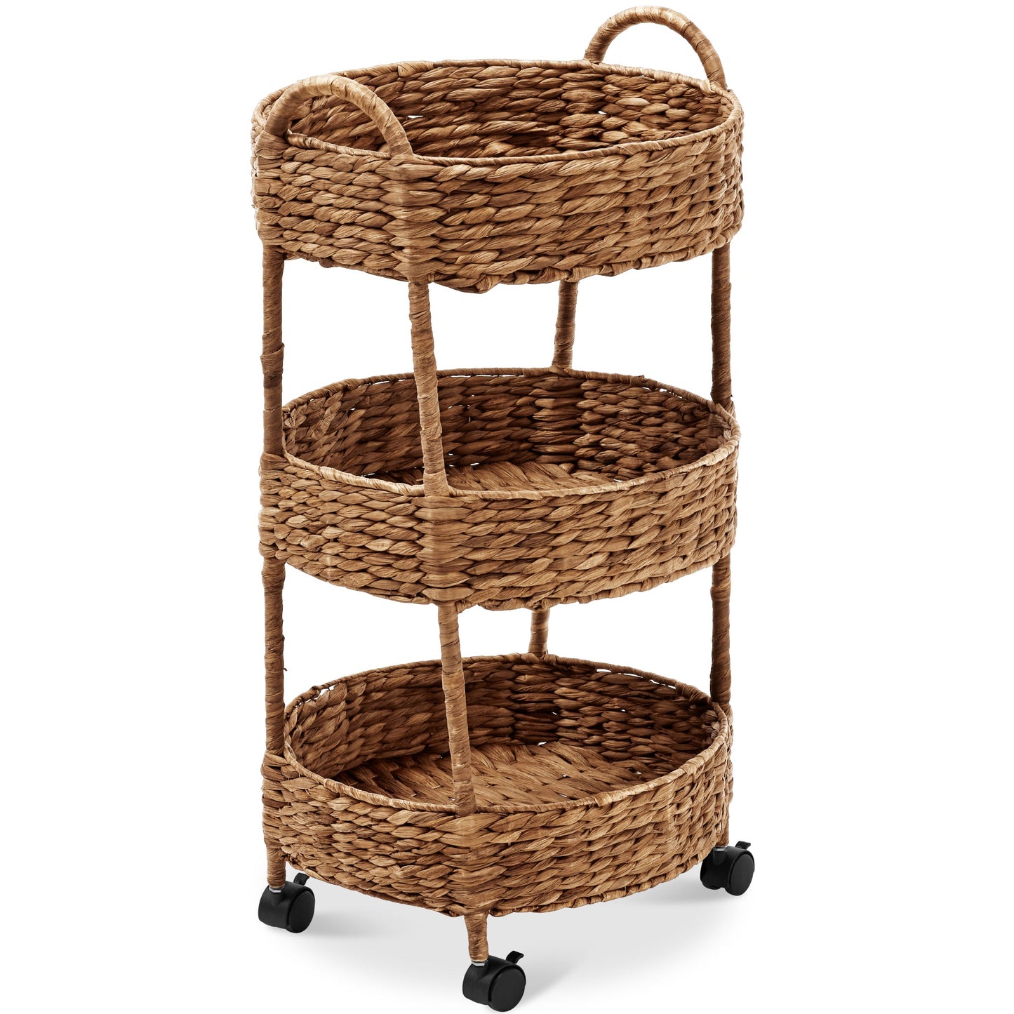 3-Tier Round Rolling Nursery Caddy with Wheels Handwoven Utility Cart with dependable design for comfortable, organized home spaces