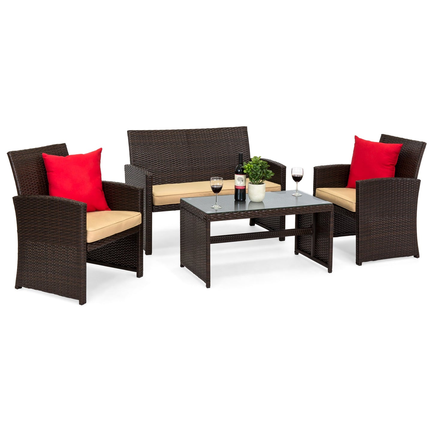 4-Piece Outdoor Wicker Conversation Patio Set with 4 Seats Glass Table Top for outdoor comfort and convenience