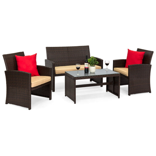 4-Piece Outdoor Wicker Conversation Patio Set with 4 Seats Glass Table Top for outdoor comfort and convenience