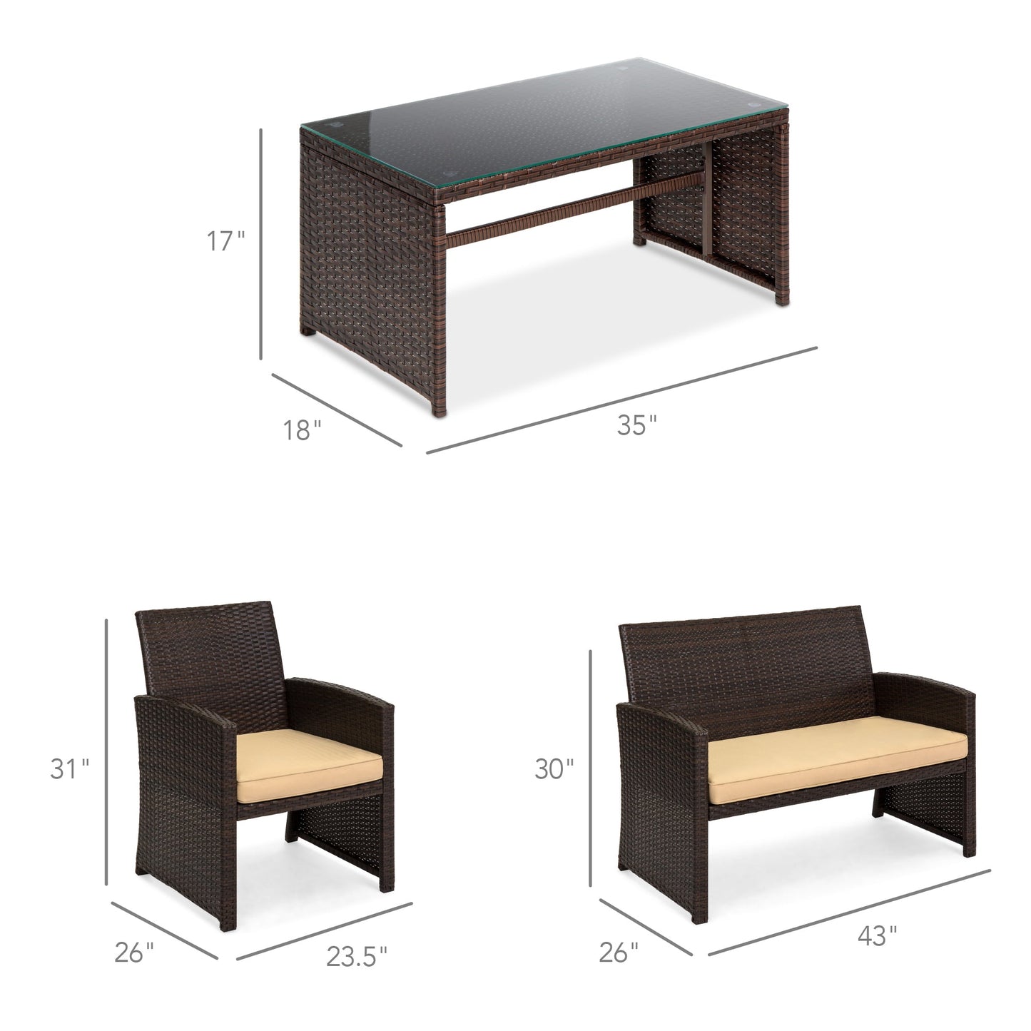 4-Piece Outdoor Wicker Conversation Patio Set with 4 Seats Glass Table Top for outdoor comfort and convenience