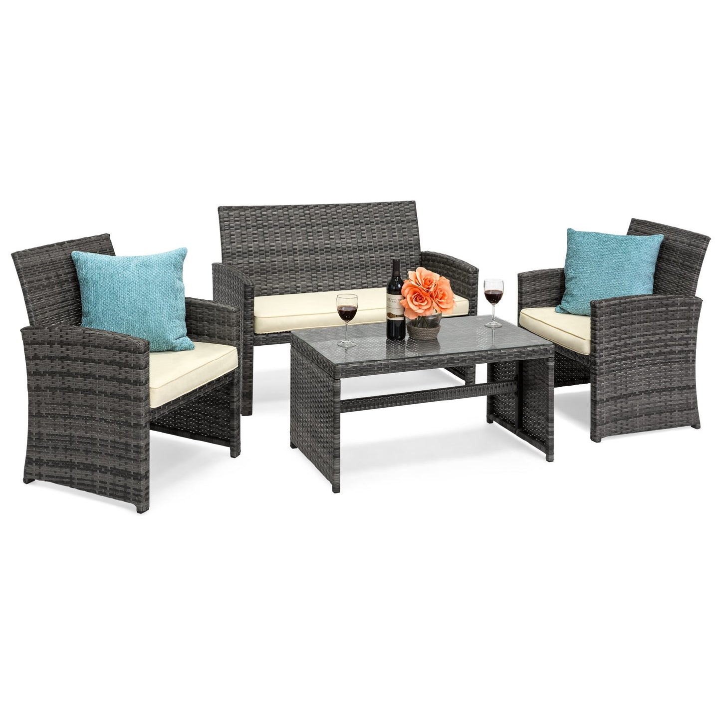 4-Piece Outdoor Wicker Conversation Patio Set with 4 Seats Glass Table Top for outdoor comfort and convenience