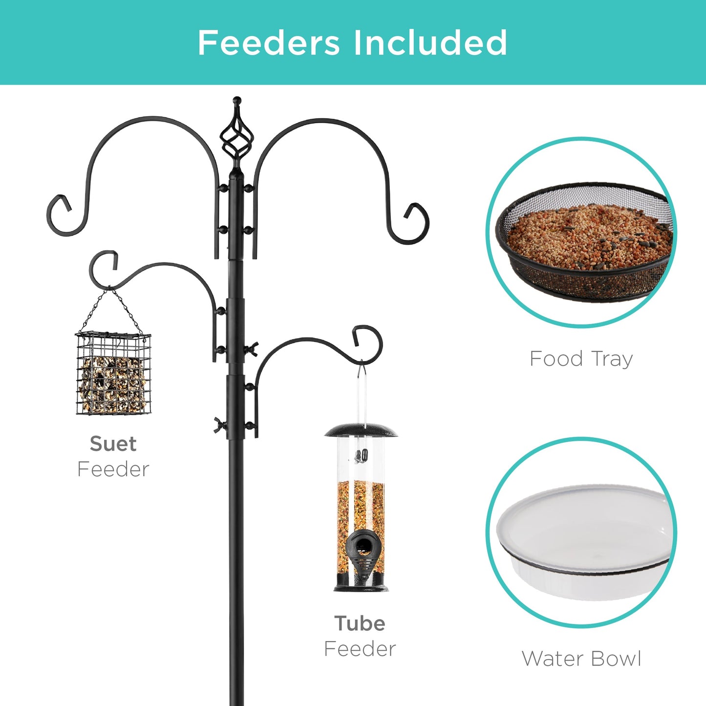 4-Hook Bird Feeding Station Steel Feeder Stand with 2 Bird Feeders - 91in for convenient daily use