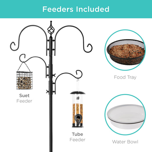 4-Hook Bird Feeding Station Steel Feeder Stand with 2 Bird Feeders - 91in for convenient daily use