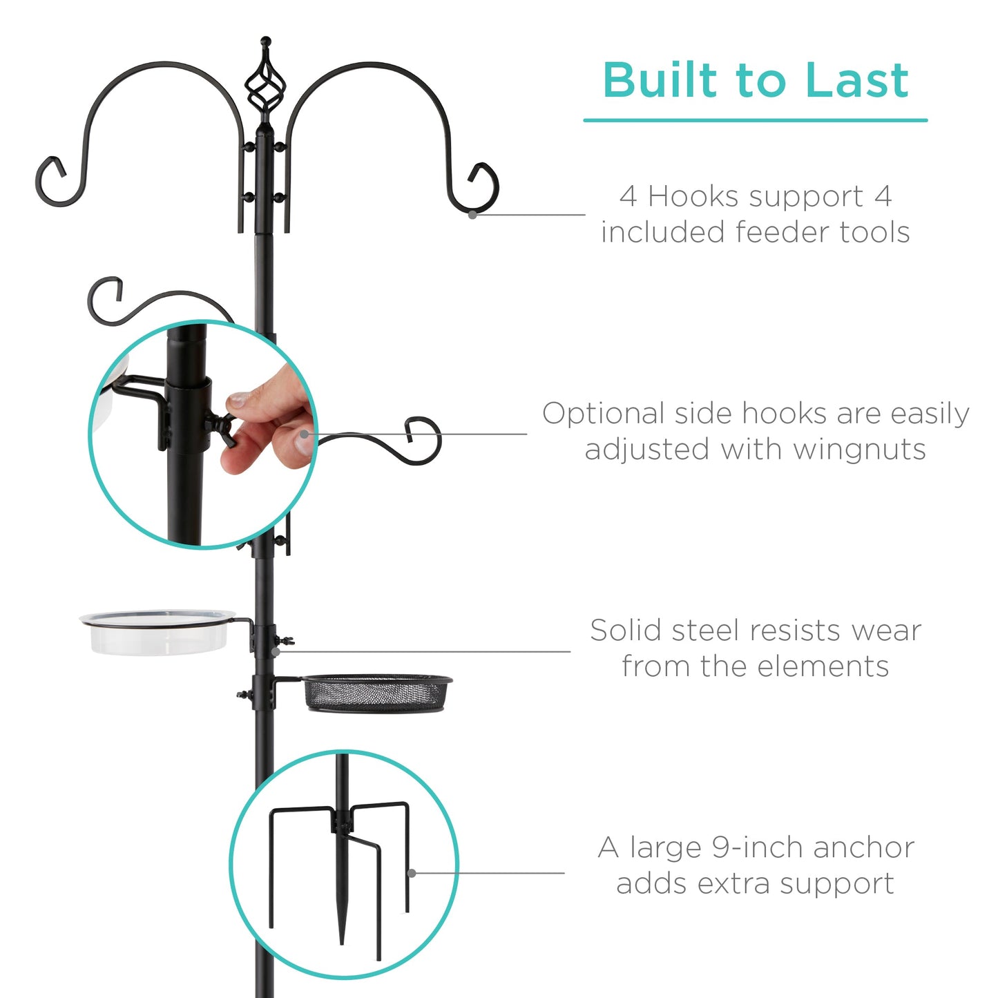 4-Hook Bird Feeding Station Steel Feeder Stand with 2 Bird Feeders - 91in for convenient daily use
