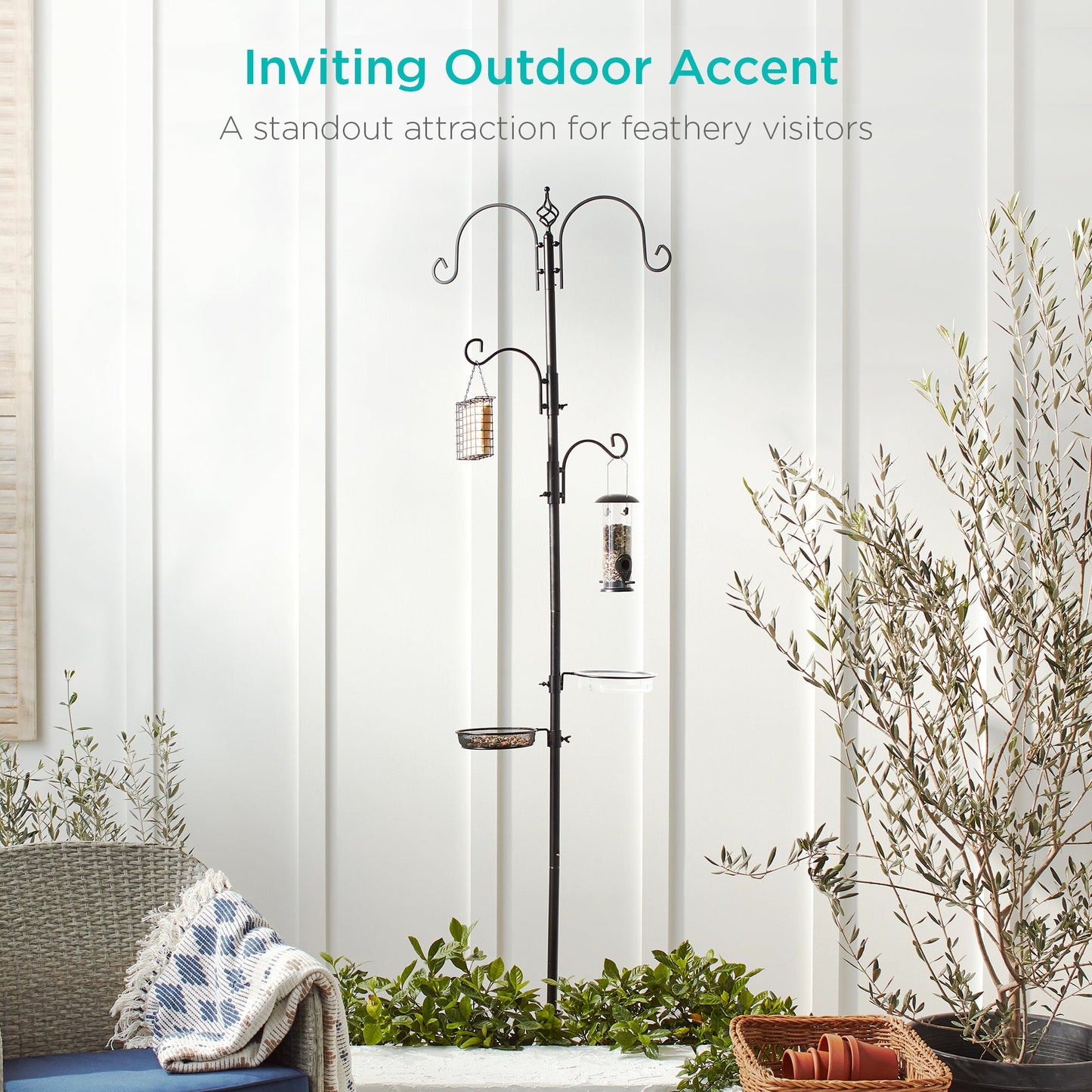 4-Hook Bird Feeding Station Steel Feeder Stand with 2 Bird Feeders - 91in for convenient daily use