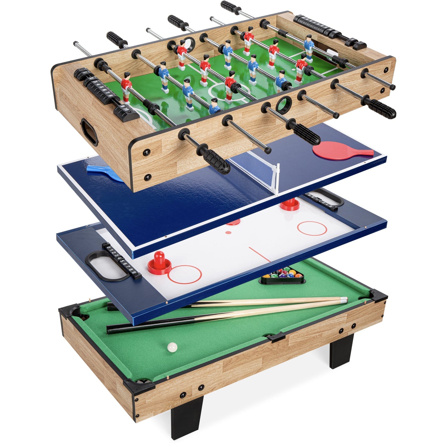 4-in-1 Multi Game Table Set with Air Hockey Table Tennis Billiards Foosball designed for kids' playtime and gifts
