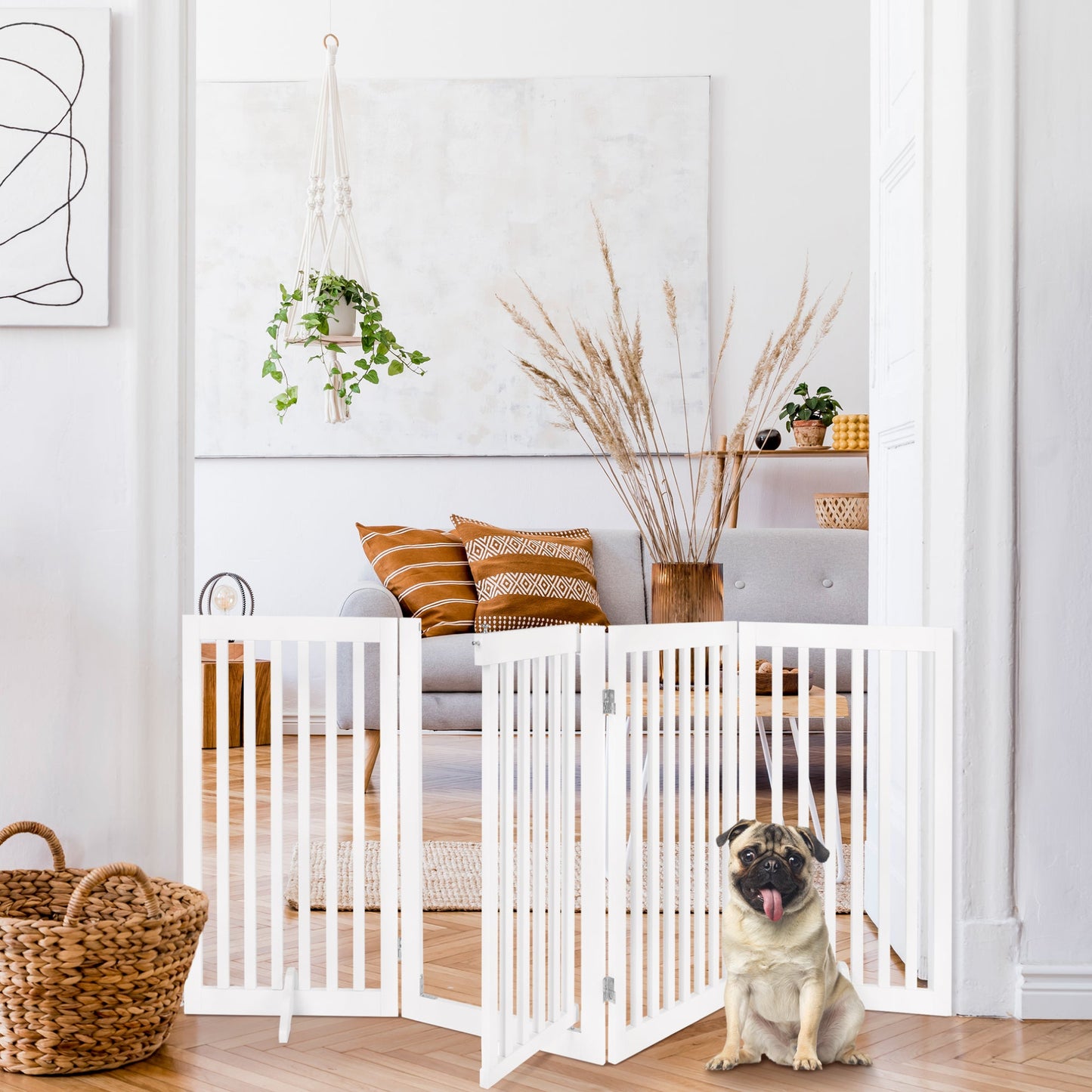 31.5in 4-Panel Freestanding Wooden Pet Gate with Door Support Feet for convenient daily use
