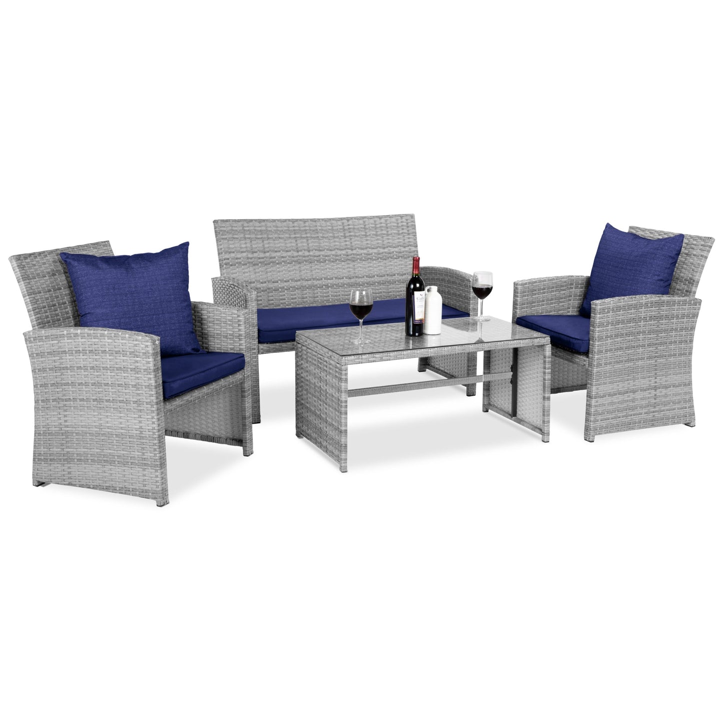 4-Piece Outdoor Wicker Conversation Patio Set with 4 Seats Glass Table Top for outdoor comfort and convenience