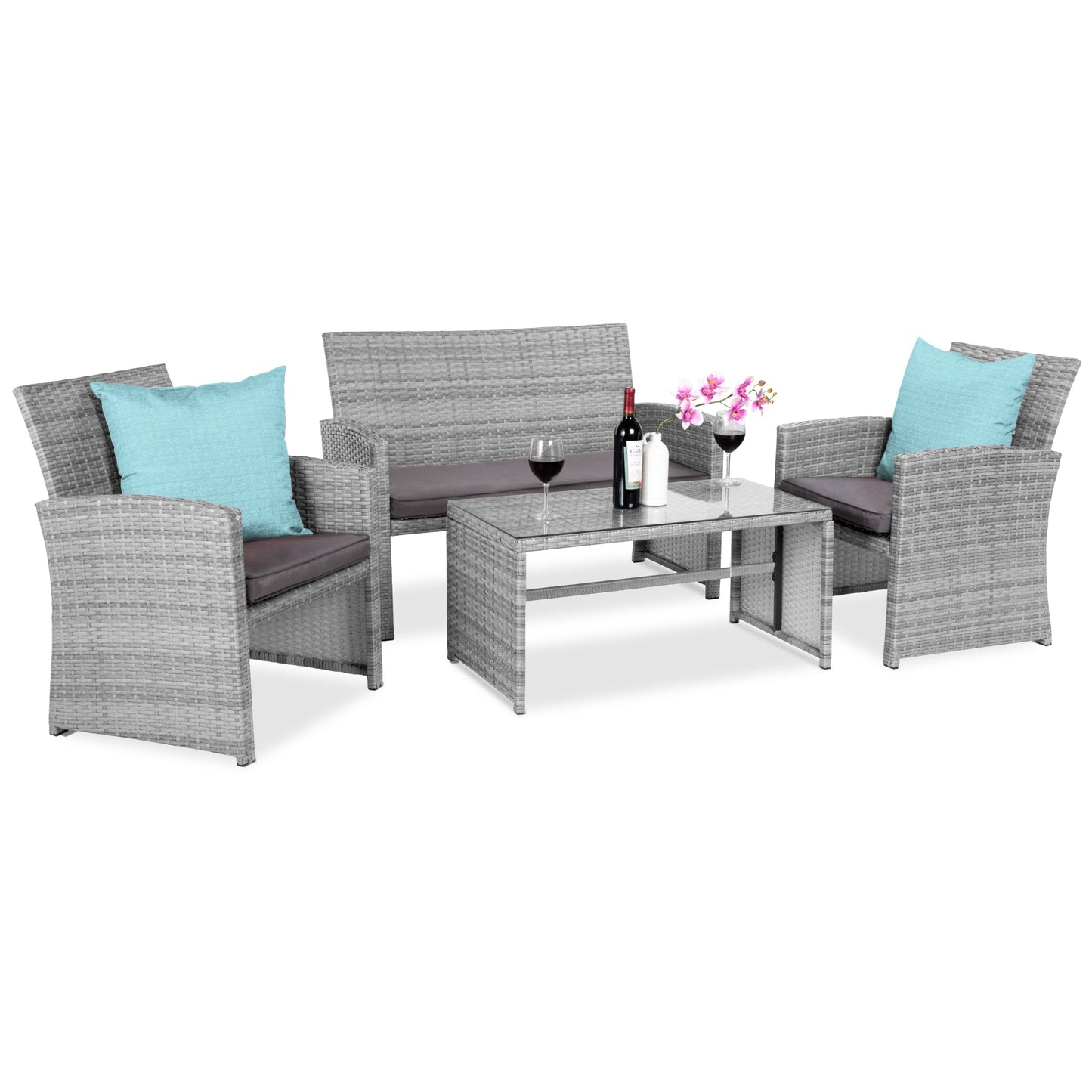 4-Piece Outdoor Wicker Conversation Patio Set with 4 Seats Glass Table Top for outdoor comfort and convenience