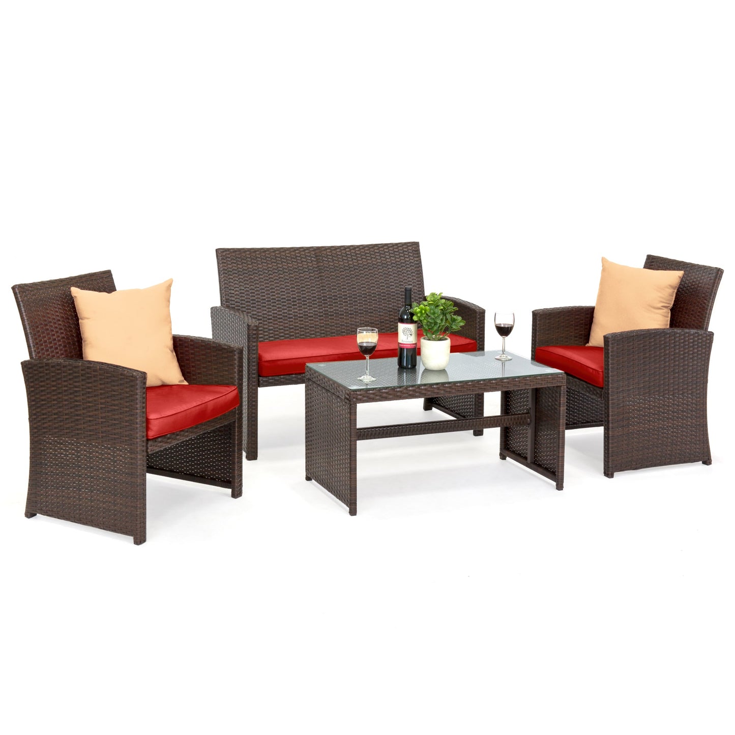 4-Piece Outdoor Wicker Conversation Patio Set with 4 Seats Glass Table Top for outdoor comfort and convenience