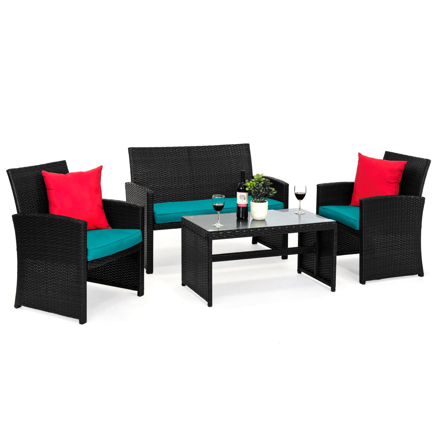 4-Piece Outdoor Wicker Conversation Patio Set with 4 Seats Glass Table Top for outdoor comfort and convenience