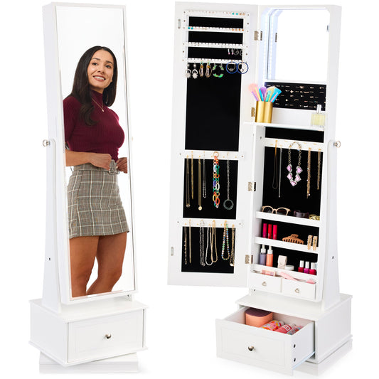 360 Swivel Mirrored Jewelry Cabinet Armoire with LED Lights Mirror designed for everyday comfort and storage